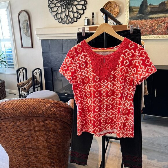 Charter Club Top Womens Size P/L Red & White Geometric Embroidered Chest Cotton - Picture 16 of 16